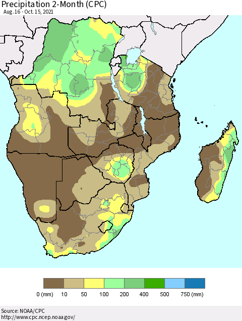 Southern Africa Precipitation 2-Month (CPC) Thematic Map For 8/16/2021 - 10/15/2021