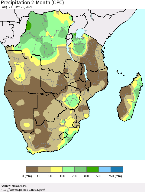 Southern Africa Precipitation 2-Month (CPC) Thematic Map For 8/21/2021 - 10/20/2021