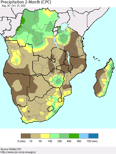 Southern Africa Precipitation 2-Month (CPC) Thematic Map For 8/26/2021 - 10/25/2021