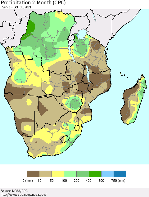 Southern Africa Precipitation 2-Month (CPC) Thematic Map For 9/1/2021 - 10/31/2021