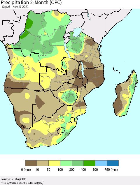 Southern Africa Precipitation 2-Month (CPC) Thematic Map For 9/6/2021 - 11/5/2021