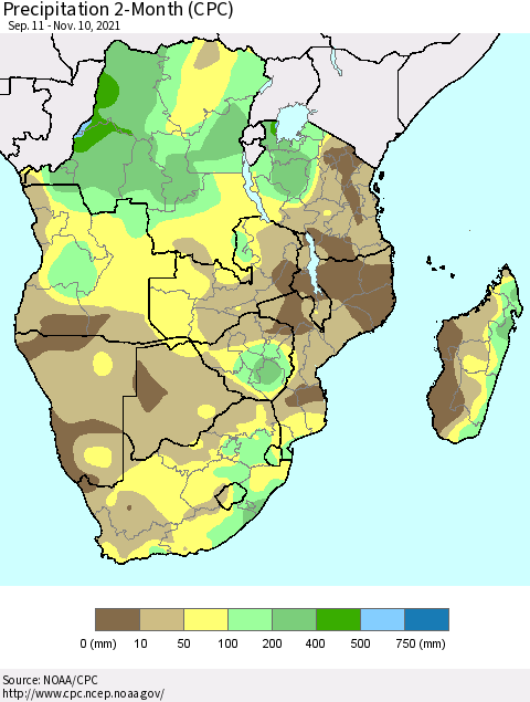 Southern Africa Precipitation 2-Month (CPC) Thematic Map For 9/11/2021 - 11/10/2021