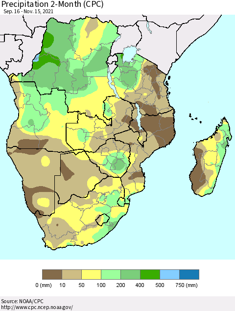 Southern Africa Precipitation 2-Month (CPC) Thematic Map For 9/16/2021 - 11/15/2021