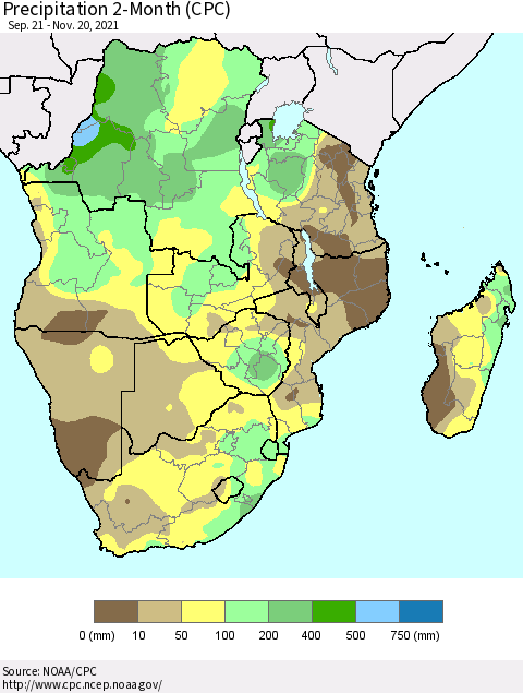 Southern Africa Precipitation 2-Month (CPC) Thematic Map For 9/21/2021 - 11/20/2021