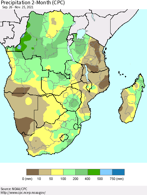 Southern Africa Precipitation 2-Month (CPC) Thematic Map For 9/26/2021 - 11/25/2021