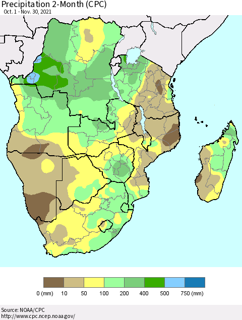 Southern Africa Precipitation 2-Month (CPC) Thematic Map For 10/1/2021 - 11/30/2021