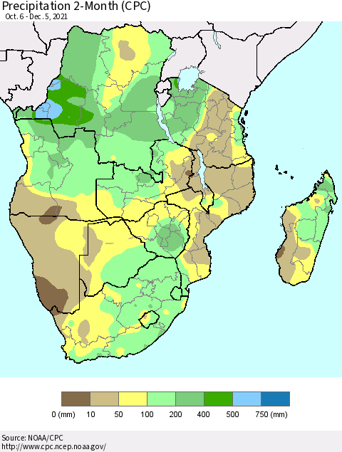 Southern Africa Precipitation 2-Month (CPC) Thematic Map For 10/6/2021 - 12/5/2021