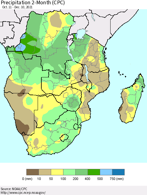 Southern Africa Precipitation 2-Month (CPC) Thematic Map For 10/11/2021 - 12/10/2021