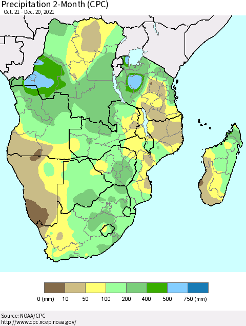 Southern Africa Precipitation 2-Month (CPC) Thematic Map For 10/21/2021 - 12/20/2021