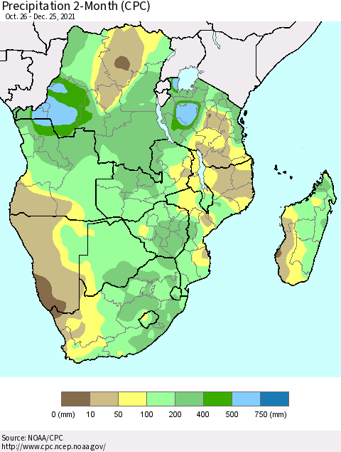 Southern Africa Precipitation 2-Month (CPC) Thematic Map For 10/26/2021 - 12/25/2021