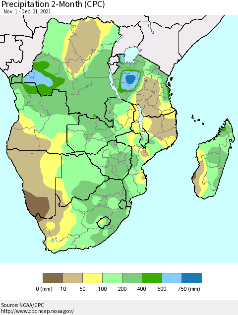 Southern Africa Precipitation 2-Month (CPC) Thematic Map For 11/1/2021 - 12/31/2021