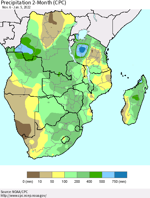 Southern Africa Precipitation 2-Month (CPC) Thematic Map For 11/6/2021 - 1/5/2022