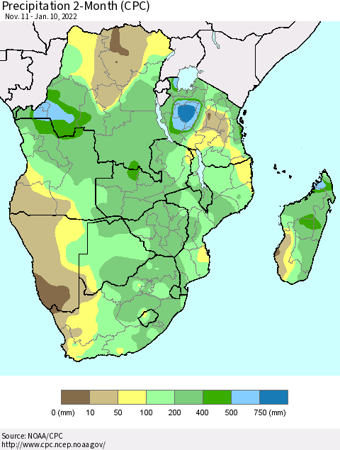 Southern Africa Precipitation 2-Month (CPC) Thematic Map For 11/11/2021 - 1/10/2022