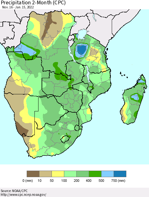 Southern Africa Precipitation 2-Month (CPC) Thematic Map For 11/16/2021 - 1/15/2022