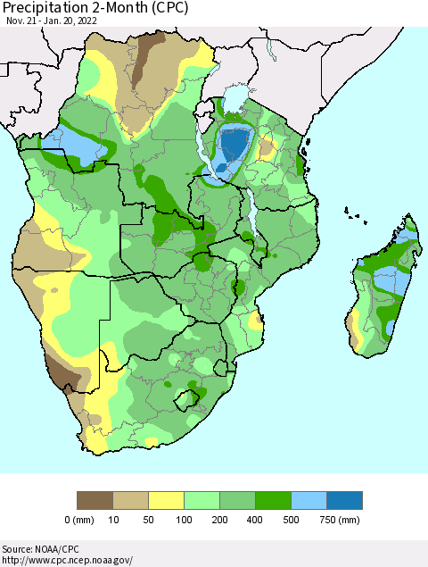 Southern Africa Precipitation 2-Month (CPC) Thematic Map For 11/21/2021 - 1/20/2022