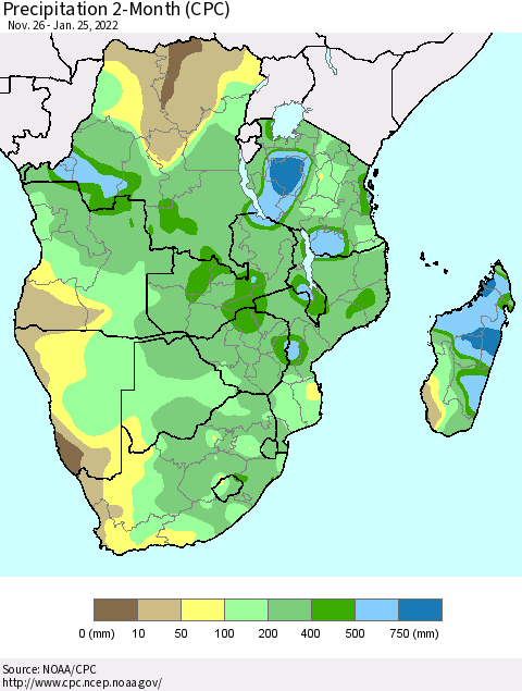 Southern Africa Precipitation 2-Month (CPC) Thematic Map For 11/26/2021 - 1/25/2022