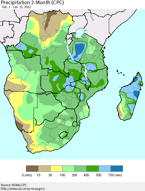 Southern Africa Precipitation 2-Month (CPC) Thematic Map For 12/1/2021 - 1/31/2022