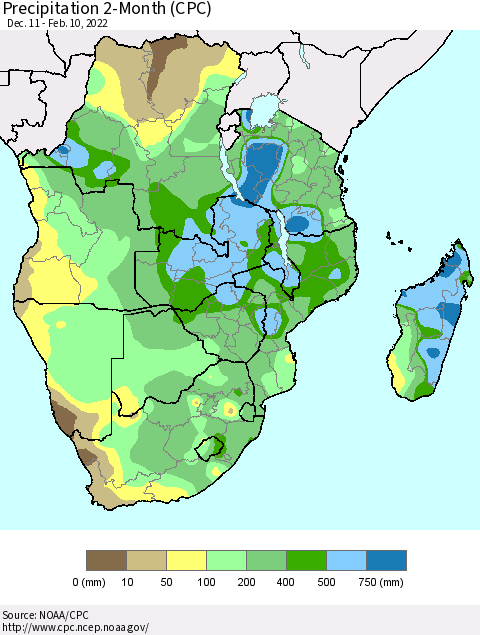 Southern Africa Precipitation 2-Month (CPC) Thematic Map For 12/11/2021 - 2/10/2022