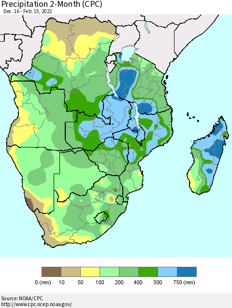 Southern Africa Precipitation 2-Month (CPC) Thematic Map For 12/16/2021 - 2/15/2022