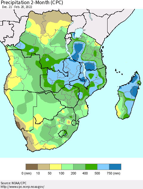 Southern Africa Precipitation 2-Month (CPC) Thematic Map For 12/21/2021 - 2/20/2022
