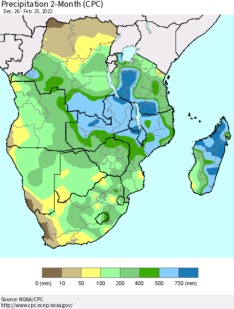 Southern Africa Precipitation 2-Month (CPC) Thematic Map For 12/26/2021 - 2/25/2022