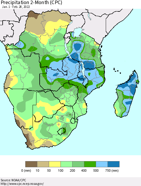 Southern Africa Precipitation 2-Month (CPC) Thematic Map For 1/1/2022 - 2/28/2022