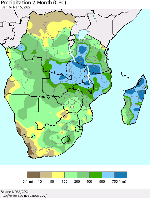 Southern Africa Precipitation 2-Month (CPC) Thematic Map For 1/6/2022 - 3/5/2022