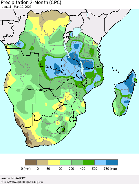 Southern Africa Precipitation 2-Month (CPC) Thematic Map For 1/11/2022 - 3/10/2022