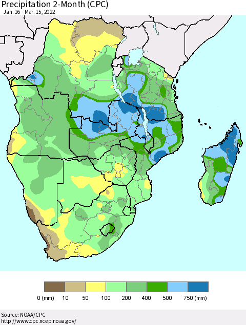 Southern Africa Precipitation 2-Month (CPC) Thematic Map For 1/16/2022 - 3/15/2022