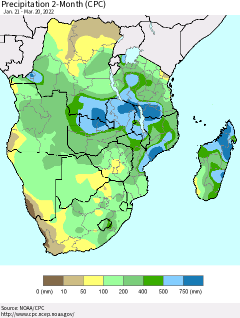 Southern Africa Precipitation 2-Month (CPC) Thematic Map For 1/21/2022 - 3/20/2022