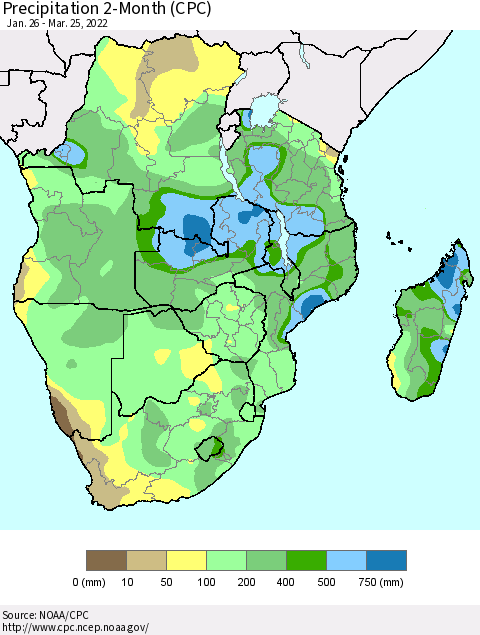 Southern Africa Precipitation 2-Month (CPC) Thematic Map For 1/26/2022 - 3/25/2022