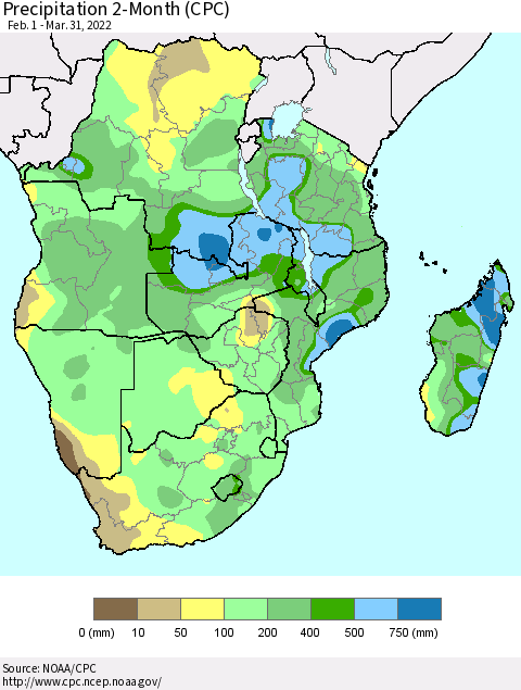 Southern Africa Precipitation 2-Month (CPC) Thematic Map For 2/1/2022 - 3/31/2022