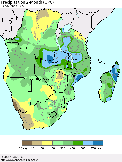 Southern Africa Precipitation 2-Month (CPC) Thematic Map For 2/6/2022 - 4/5/2022