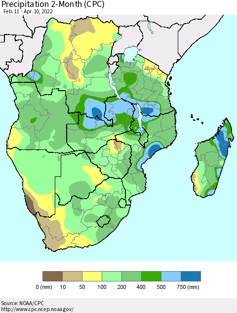 Southern Africa Precipitation 2-Month (CPC) Thematic Map For 2/11/2022 - 4/10/2022