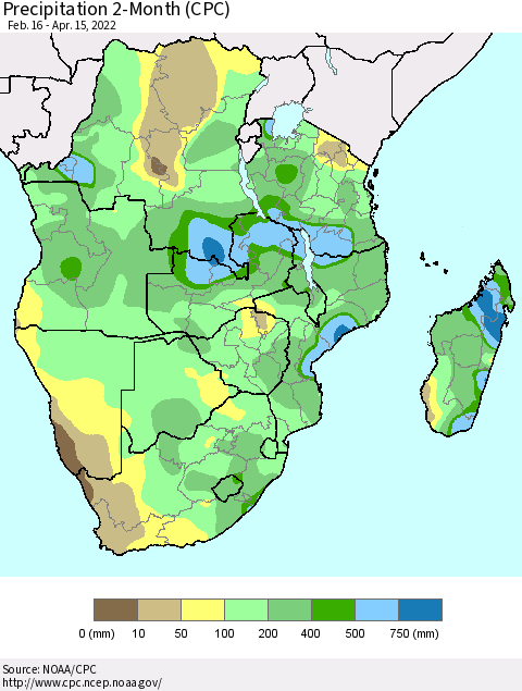 Southern Africa Precipitation 2-Month (CPC) Thematic Map For 2/16/2022 - 4/15/2022