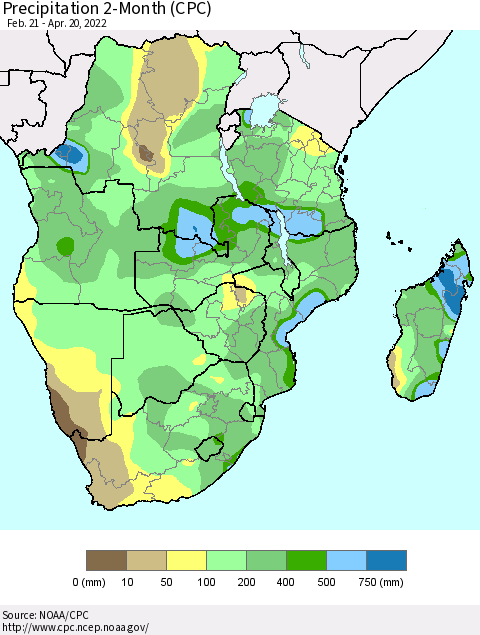 Southern Africa Precipitation 2-Month (CPC) Thematic Map For 2/21/2022 - 4/20/2022