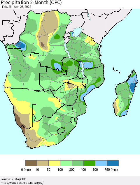 Southern Africa Precipitation 2-Month (CPC) Thematic Map For 2/26/2022 - 4/25/2022