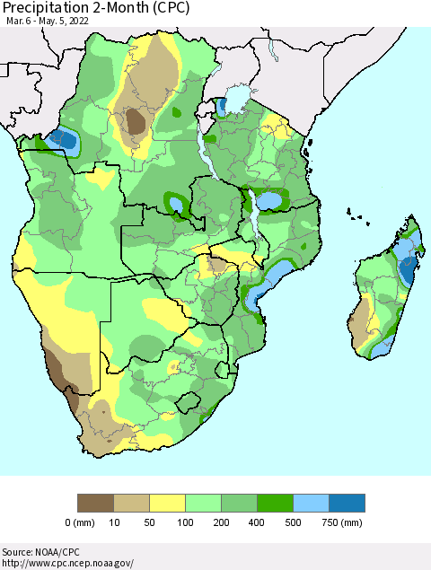 Southern Africa Precipitation 2-Month (CPC) Thematic Map For 3/6/2022 - 5/5/2022