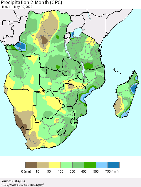 Southern Africa Precipitation 2-Month (CPC) Thematic Map For 3/11/2022 - 5/10/2022