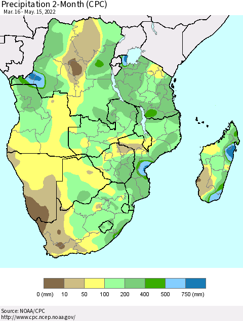Southern Africa Precipitation 2-Month (CPC) Thematic Map For 3/16/2022 - 5/15/2022