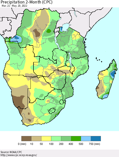Southern Africa Precipitation 2-Month (CPC) Thematic Map For 3/21/2022 - 5/20/2022