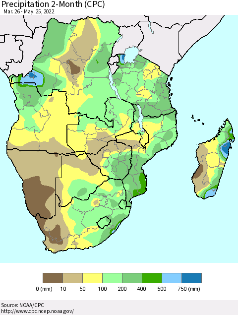 Southern Africa Precipitation 2-Month (CPC) Thematic Map For 3/26/2022 - 5/25/2022