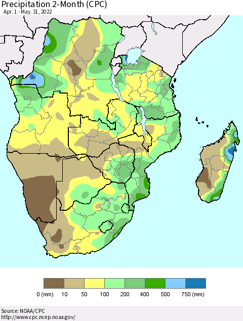 Southern Africa Precipitation 2-Month (CPC) Thematic Map For 4/1/2022 - 5/31/2022