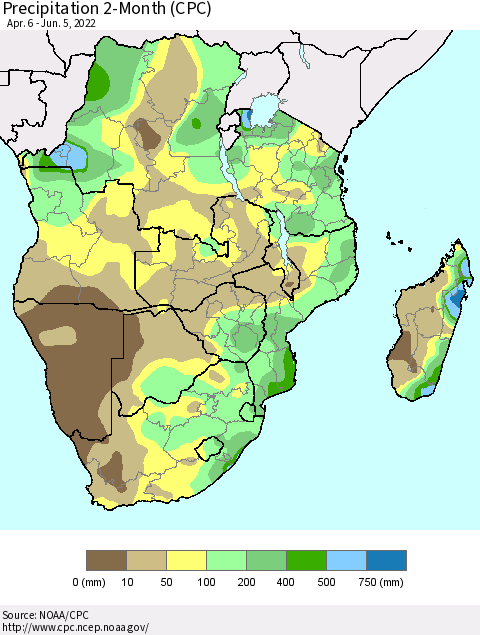 Southern Africa Precipitation 2-Month (CPC) Thematic Map For 4/6/2022 - 6/5/2022