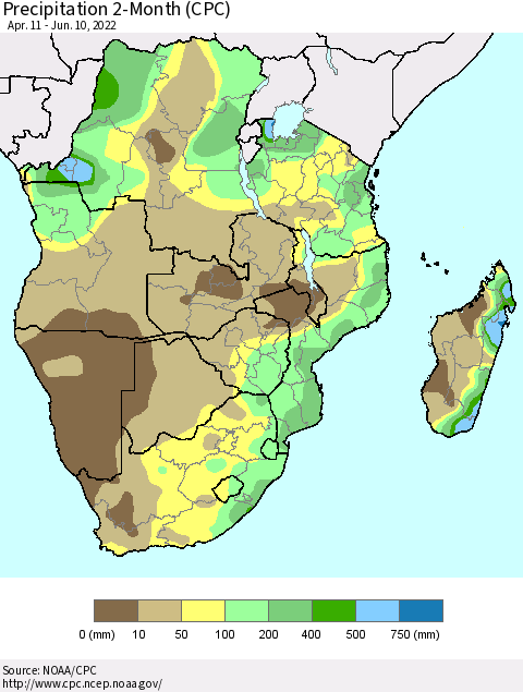 Southern Africa Precipitation 2-Month (CPC) Thematic Map For 4/11/2022 - 6/10/2022
