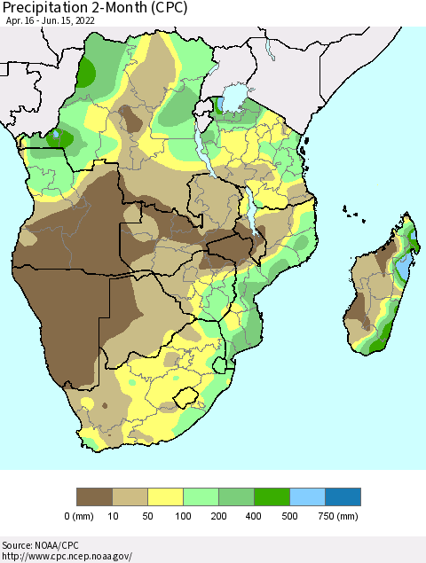 Southern Africa Precipitation 2-Month (CPC) Thematic Map For 4/16/2022 - 6/15/2022
