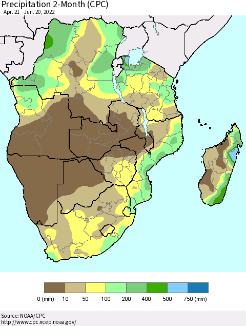 Southern Africa Precipitation 2-Month (CPC) Thematic Map For 4/21/2022 - 6/20/2022