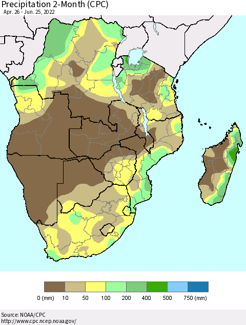 Southern Africa Precipitation 2-Month (CPC) Thematic Map For 4/26/2022 - 6/25/2022
