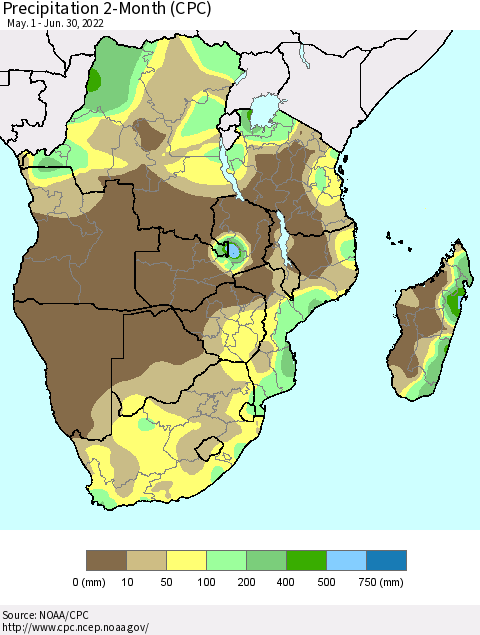 Southern Africa Precipitation 2-Month (CPC) Thematic Map For 5/1/2022 - 6/30/2022