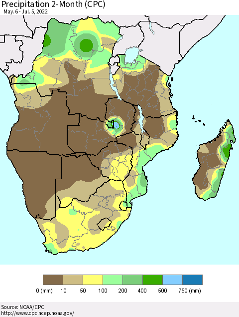 Southern Africa Precipitation 2-Month (CPC) Thematic Map For 5/6/2022 - 7/5/2022